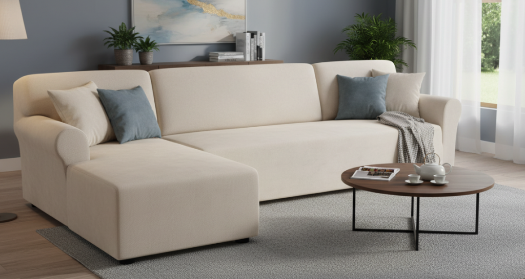 An L-shaped sofa cover fitted over a sofa cover