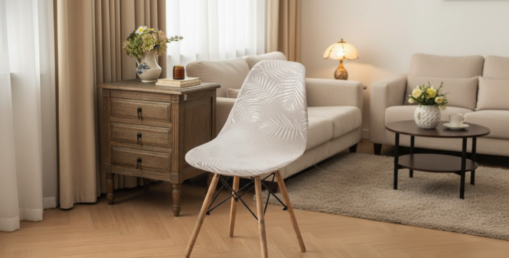 In a warmly furnished living room, chairs fitted with slipcovers are arranged.