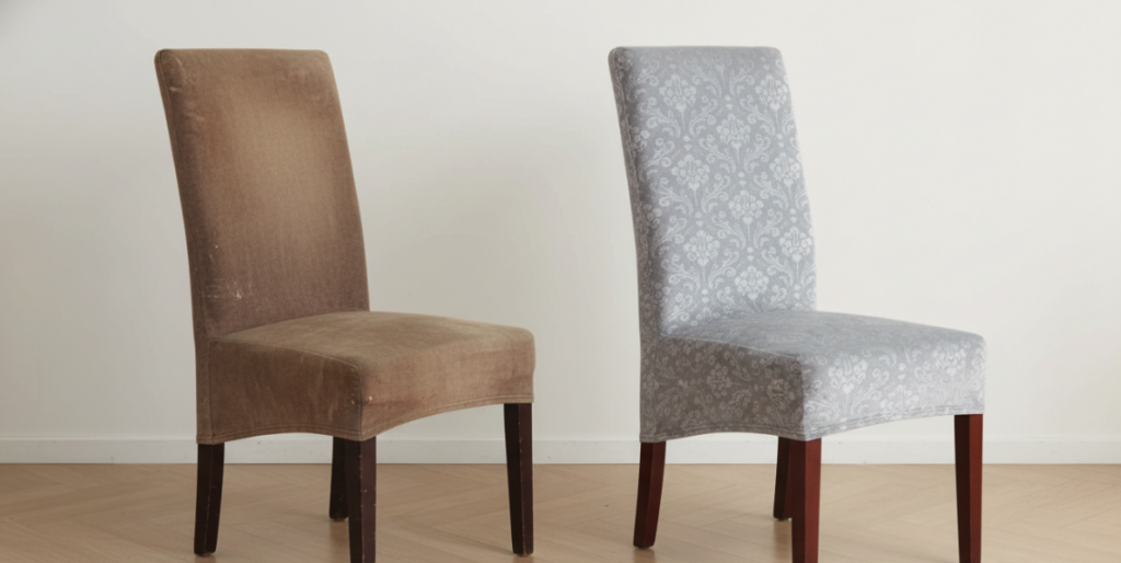Before and after dining chair reupholstery using high-quality fabric.
