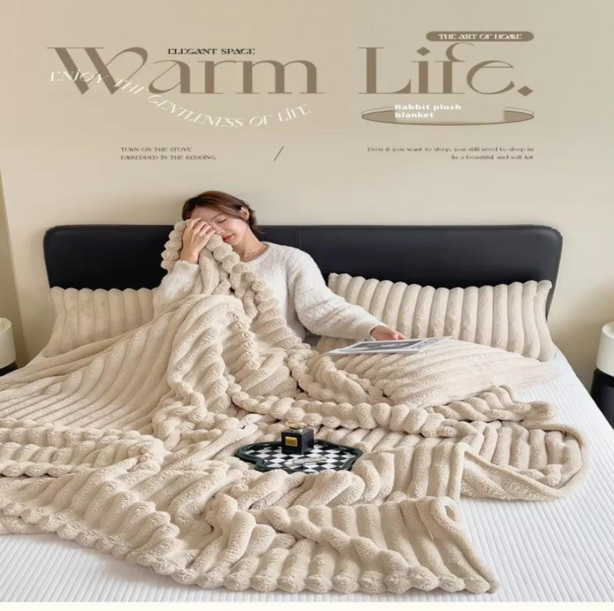 Luxury Striped Faux Rabbit Fur Knitted Bed Blanket