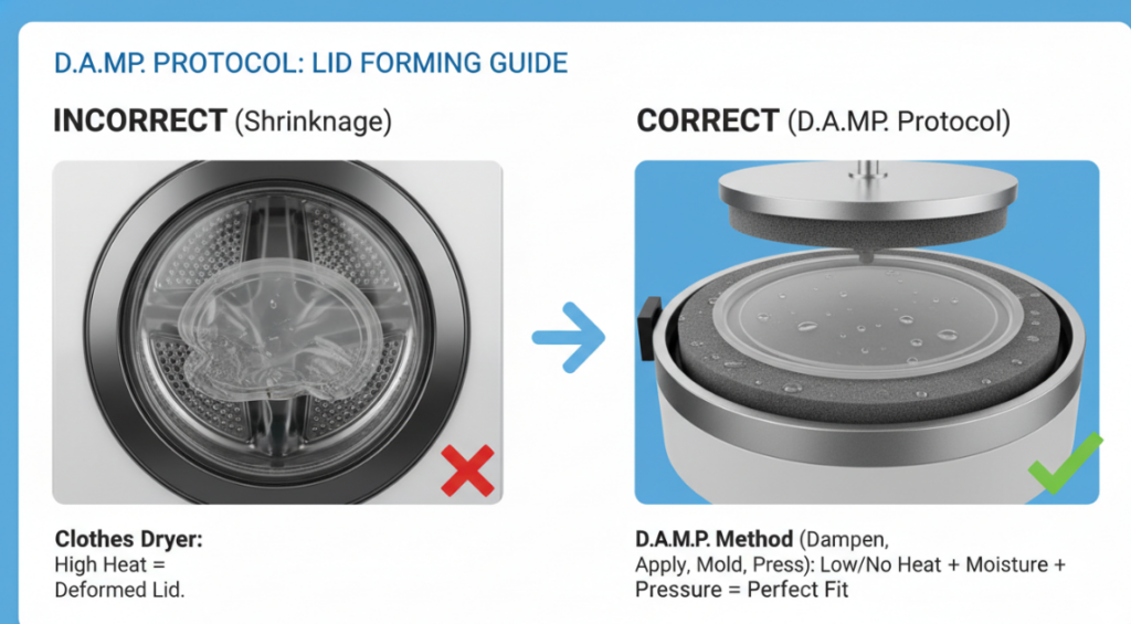  A high-quality infographic illustrating the D.A.M.P. protocol, showing a side-by-side comparison of a lid shrunk in a clothes dryer and a lid that forms perfectly on a foam pad when wet.