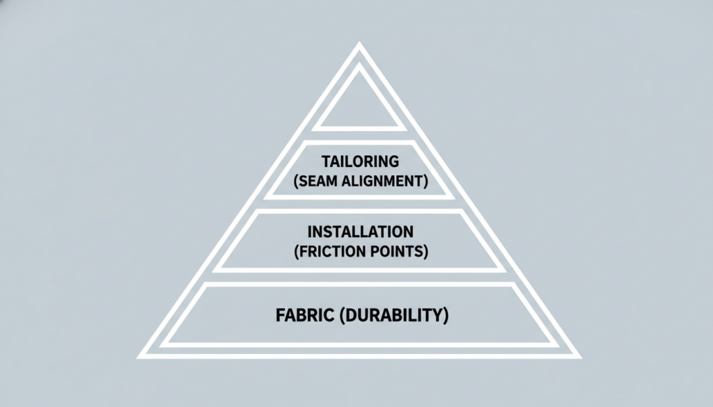 a high-quality infographic showing a pyramid with 3 levels. Base: Fabric (Durability), Middle: Installation (Friction Points), Top: Tailoring (Seam Alignment