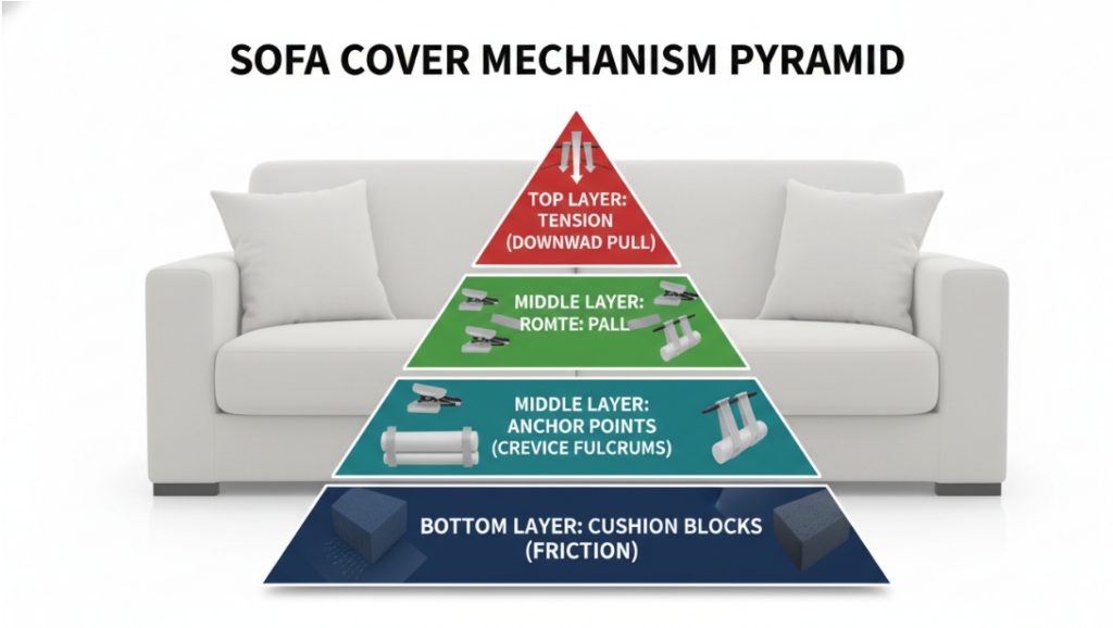 A pyramid-shaped diagram illustrating sofa covers. Bottom layer: Padding (friction); Middle layer: Anchor points (crack supports); Top layer: Tension (underlying pull).