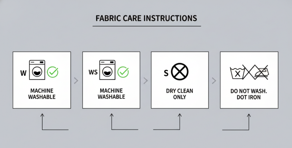  a high-quality infotage showing W,WS,S and X interior labels with a clear “machine washable” check mark next to W and WS.
