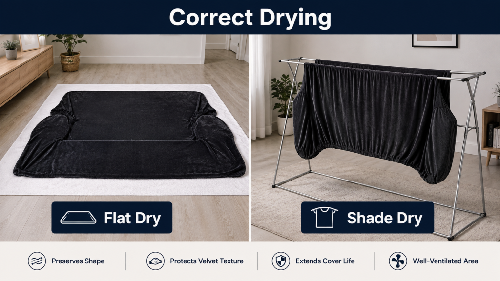 On The Left, A Dark Velvet Sofa Cover Is Laid Flat On A Clean White Towel; On The Right, It Is Draped Over An Indoor Drying Rack (Away From Direct Sunlight), Visually Conveying The Instructions To "Lay Flat" And "Air-Dry In The Shade."