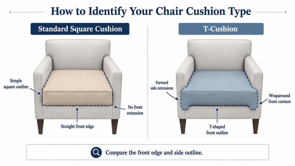 Draw A Standard Square Seat Cushion On The Left And A T-Shaped Seat Cushion With A Forward Extension On The Right, Using Arrows To Indicate The Differences In Their Edge Profiles.