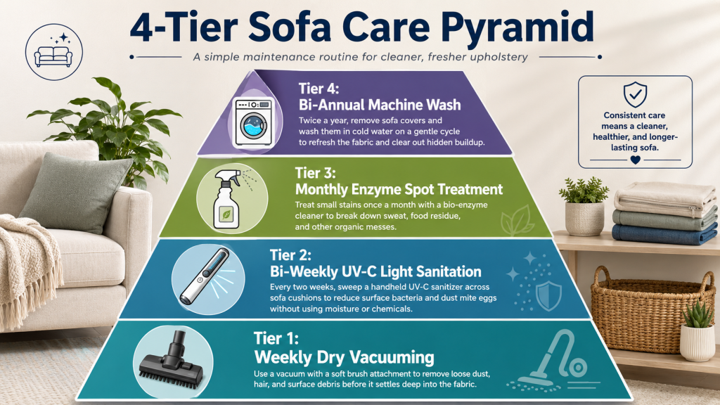 A High-Definition Pyramid Diagram. Level 1: Weekly Dry Vacuuming; Level 2: Bi-Weekly Uv-C Light Sanitization; Level 3: Monthly Enzymatic Spot Treatment; Level 4: Machine Washing Every Two Years.