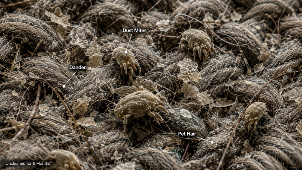 The Accumulation Of Dust Mites, Skin Flakes, And Pet Hair On Sofa Fabric Left Uncleaned For Six Months—As Viewed Under A Microscope—Must Be Visually Striking